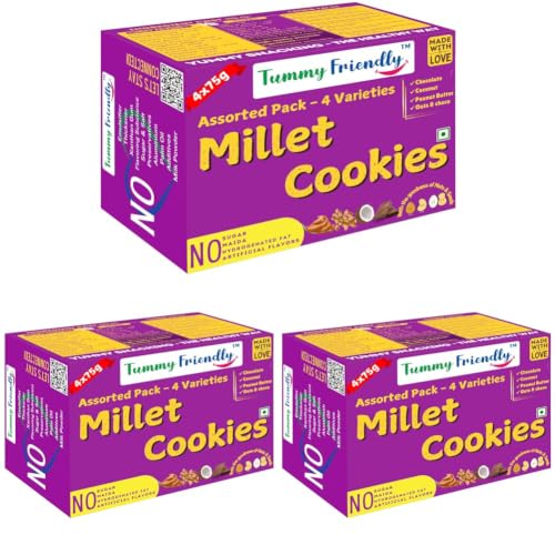 Image of TummyFriendly Foods Millet Cookies for Kids Adults. Millet Healthy Biscuits, Ragi and Jaggery. Healthy Snacks for kids Babies 1 Year Old. Gift the Best Healthy Cookies - Assorted - 4x75 (300g)