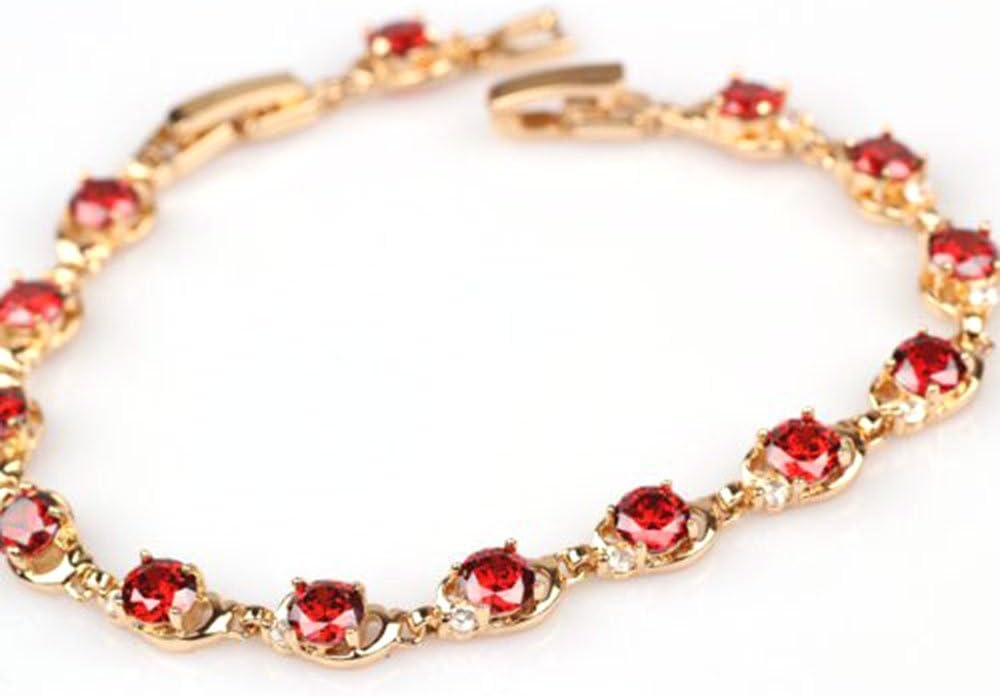 18k Yellow Gold Plated Womens or Girls Bracelet with High Quality Garnet Zircon Stone Link Chain 190mm/7mm