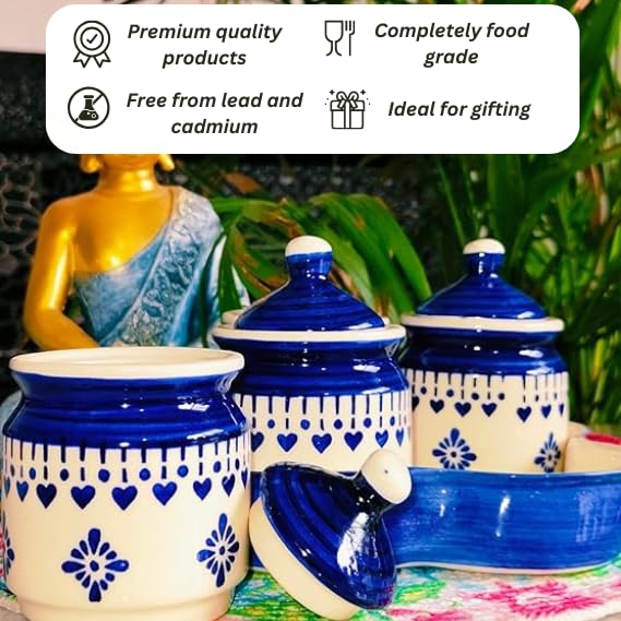 Image of Niyara Multipurpose Storage Ceramic Pickle set Jars with Lid & tray (Set of 4, 300 ml) (Blue)