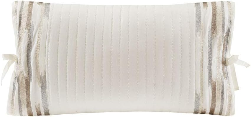 Cream Embroidered Cotton Lumbar Pillow with Bow Ties