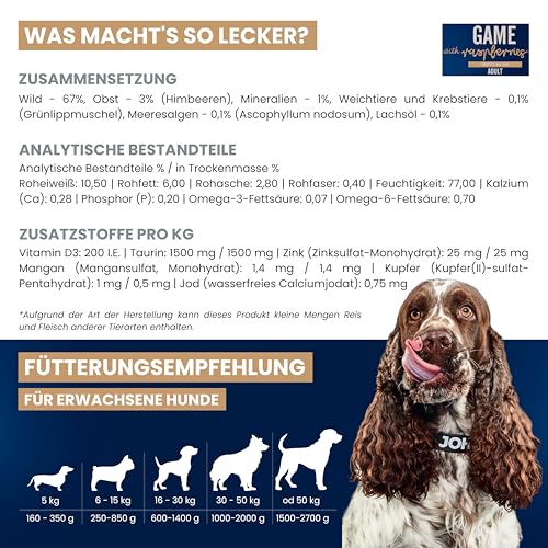 John Dog Hundefutter für Hunde Berry Line Wildschwein mit Himbeeren - Getreidefrei Hundenassfutter mit Superfoods und 96% Fleisch & Innereien - Nassfutter für Erwachsene Hunde 6 x 400g