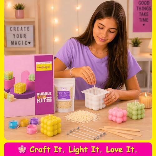 Image of Craftinger DIY Bubble Candle Making Kit with 400gm SOYA Wax | 2 Different Size Silicon Molds | 4 Pigment | Wicks & Sticks | Beginner Kit for Kids & Adults | Ideal for Birthday Gifts, Craft Lover