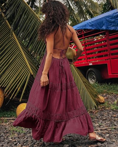 Image of VIUTIL Women Backless Flowy Dress Strap Tiered Long Dresses Summer Beach Sexy Vacation Sundress with Pockets Clothes 2026, (Burgundy, Medium)