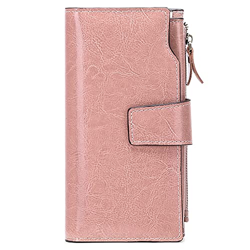 Long Women Leather Wallet Clutch RFID Blocking Clutch Card Holder Ladies Purse Zipper Pocket with Gift Box (Pink)