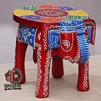 JH Gallery Handcrafted and Emboss Painted Colorful Wooden Elephant Shape Stool (8 Inches Height, Red)