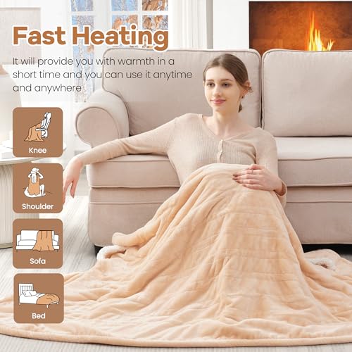 Electric Wearable Blanket Heated Blanket with Hood and Pocket, Flannel & Sherpa Electric Snuggle Throw Blankets, 6 Heating Levels Setting & 4 Hours Auto Shut Off,40 * 70",Machine Washabl(Shrot, Beige)