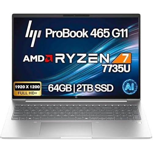 HP ProBook 465 460 G11 Business Laptop 16” FHD+ Display, AMD Ryzen 7 7735U, 64GB DDR5 RAM, 2TB NVMe, Wi-Fi 6E, RJ-45, Webcam, Backlit Keyboard, Win 11 Pro - Pike Silver Aluminum