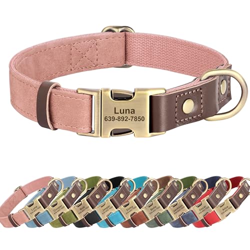 KINYABLUE Personalized Dog Collars, Custom Soft PU Leather Dog Collar with Pet Name and Phone Number for Large Dogs, Adjustable and Durable Pet Collars with Quick Release Metal Buckle,L(15-23")