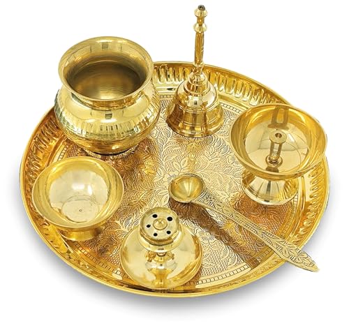 Image of BENGALEN Brass Puja Thali Set 8 Inch Pooja Thali with Pital Plate Kalash Chandan Vati Piyali Deep Dhup Dan Ghanti Palli Diya Arti Thali for Diwali Home Office Mandir Wedding Return Gift Items