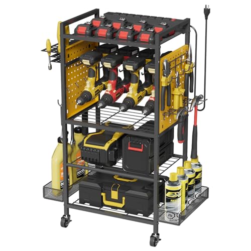 Power Tool Organizer Cart with Charging Station Heavy Duty Garage Tool Organizer Rolling Tool Battery Storage with 8-Outlet Power Strip a 6.5-FT Cord 4 Wheels 2 Hanging Baskets Hooks Yellow