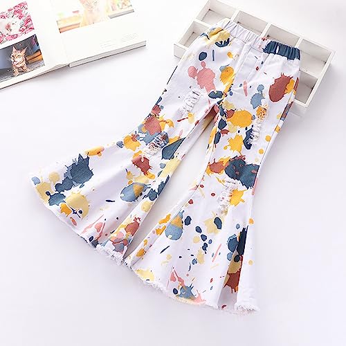 Cute Kids Girls Pull On Flared Pants Elastic Waist Ripped Denim Pants Colorful Doodle Stretch Bell Bottom Pants4
