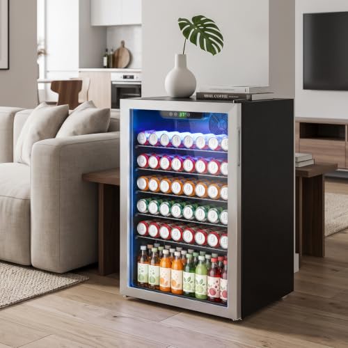 Image of Erivess 4.5 Cubic Feet Mini Fridge, 145 Can Freestanding Beverage Refrigerator with Glass Front Door for Soda, Beer Under Counter Drink Refrigerator with Adjustable Shelves and Digital Display