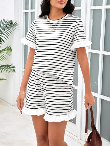Image of Tankaneo Womens 2 Piece Striped Shorts Set Ruffle Short Sleeve Tops Hight Waist Shorts Matching Sets Summer Vacation Outfits