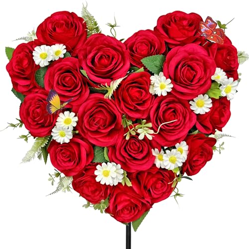 HENOMO Artificial Cemetery Flowers Grave Memorial Flowers with Ground Spike Heart Shaped Wreaths Rose Daisy for Gravesites DecorationRed