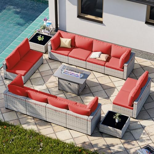 Image of Outdoor PE Wicker Rattan Modular Patio Sectional Sofa Set | 15-Piece: 12 Modular Seats, 2 Coffee Tables & 55,000 BTU Fire Pit Table, Red