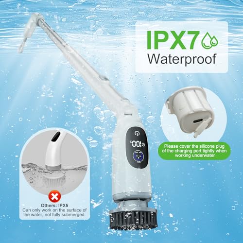 Image of Electric Spin Scrubber, Cordless Cleaning Brush, 3H Work Time, Bathroom Scrubber with LED Display, 3-Speed Extendable Handle, IPX7 Waterproof, 8 Brush Heads for Shower, Tile, Tub, Floor, Toilet, Grout