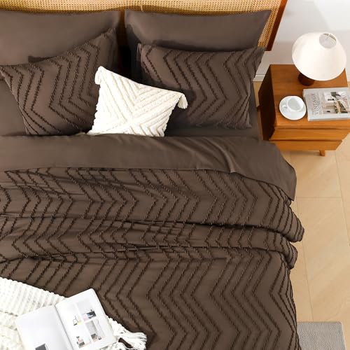 Image of Litanika Full Size Comforter Set with Sheets Brown - 7 Pieces Bed in a Bag Full Chevron Tufted Complete Bedding Sets with Comforter, Sheets, Pillowcases & Shams