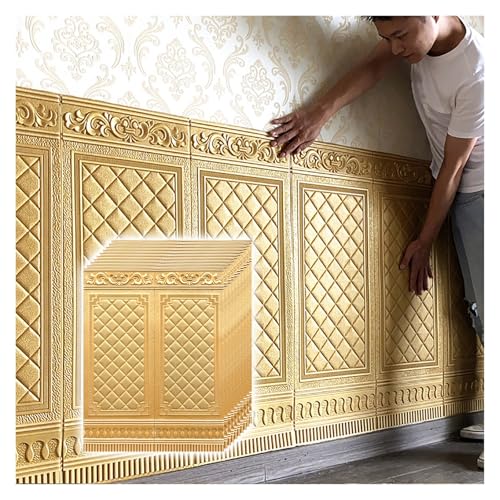 Paneles PVC Pared Adhesivos de pared de espuma de alta densidad, papel tapiz impermeable con reverso autoadhesivo, paneles de pared fáciles de limpiar, varios colores(Gold 2)