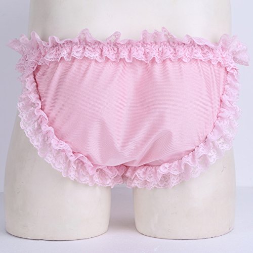MSemis Men Sissy Pouch Lace Frilly Panties Low Rise Bikini Briefs Underwear Crossdress Lingerie Pink Medium (Waist 28.0"-53.5")