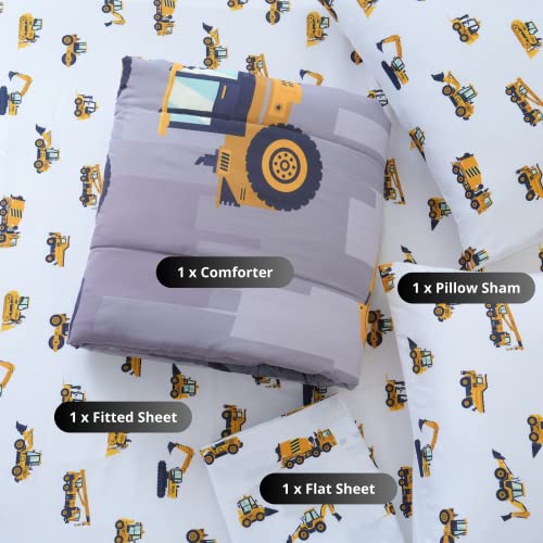 Image of Cokouchyi Twin Size Comforter Set for Boys, 4-Piece Bed in a Bag, 3D Construction Bedding Comforter Sheet Set, Ultra Soft and Fluffy, Cartoon Truck Cars