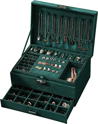 Image of BucketList 3 Layers Velvet Jewelry Organizer Storage Box Women's Velvet Ring Earrings Jewelry Display Case for Earrings, Bracelets, Rings, Necklace (3 Layer with Lock Green Box)