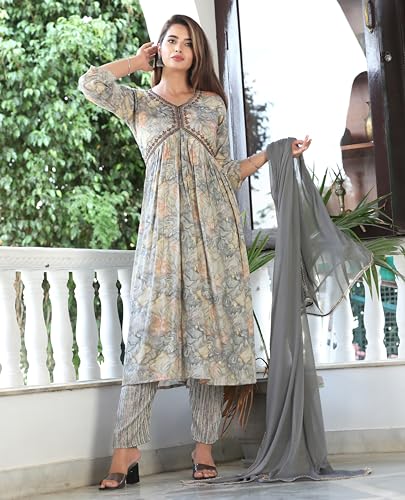 Image of G4Girl Aliya-Cut Kurti Pant With Dupatta For Women's (Grey)