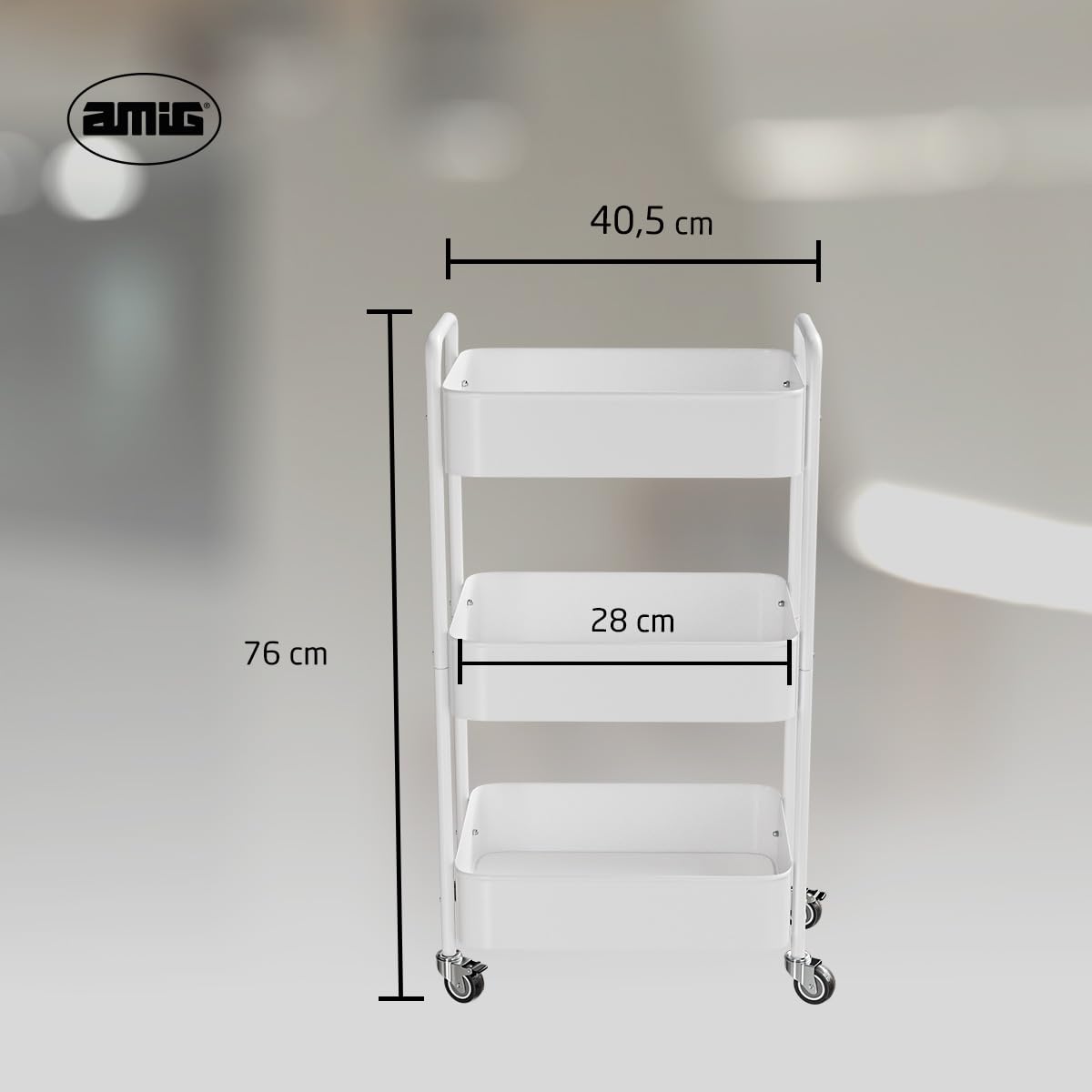 Amig – Desserte de Cuisine 3 Niveaux à roulettes Mod. Linn – Étagère auxiliaire en Acier – Blanc – Chariot Multi-usages pour Cuisine, Salle de Bain ou Bureau – 40,5 x 28 x 76 cm