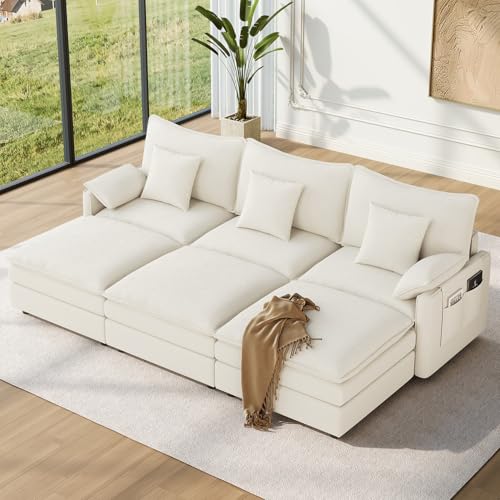 Image of Vesgantti 108 inch Sectional Sleeper Sofa, 6-Seater Oversized Modular Cloud Couch with Movable Ottoman, Chenille Large Sofa Bed Convertible Deep Seat Couches for Living Room, Bedroom and Apartment, White
