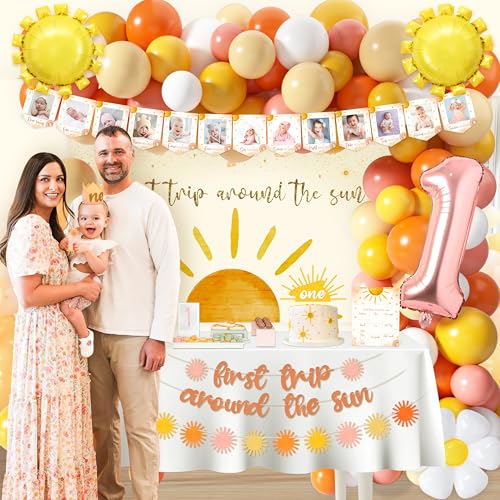 First Trip Around The Sun Birthday Decorations for Girl Boho Sun 1st Birthday Supplies with Backdrop Balloons Garland Monthly Photo Banner for Sun Theme Party