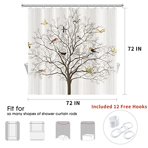 Cute Bird Tree Shower Curtain Colorful Birds On The Rustic Tree Branch Beige Nature Plant Waterproof Polyester Fabric Bathroom Curtain For Bathtub Home Hotel Decor Machine Washable With 12 Hooks #TOP3