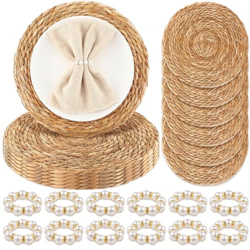 Image of 12 Pcs Cattail Round Woven Placemats Set, Cattail Placemats with Pearl Napkin Rings Boho Farmhouse Rustic Woven Chargers Natural Mat Bulk for Wedding Party, Dinner Table (13 Inch)