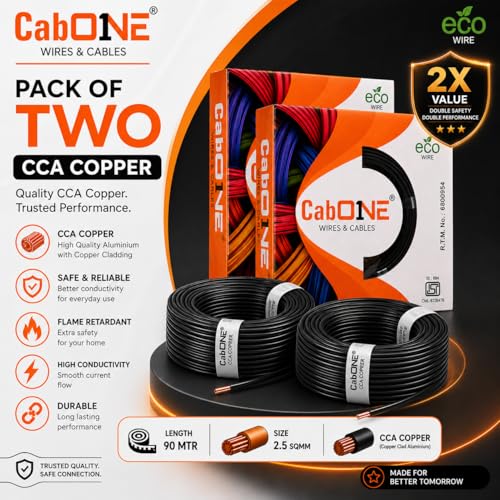 Image of CabONE 2.5 SQ.MM FR PVC Insulated Copper Electrical Wire, 90 Meter (Black Pack of 2) | ISI Marked Fire Retardant Single Core Cable for Home Wiring