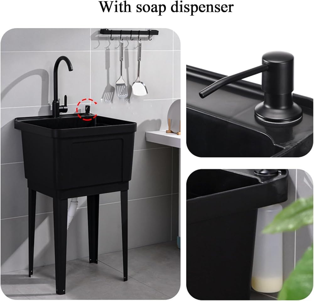 Lavandino autoportante in plastica resistente con rubinetto girevole e dispenser di sapone, grande stazione di lavaggio e drenaggio per lavanderia, cantina, garage (colore: bianco)