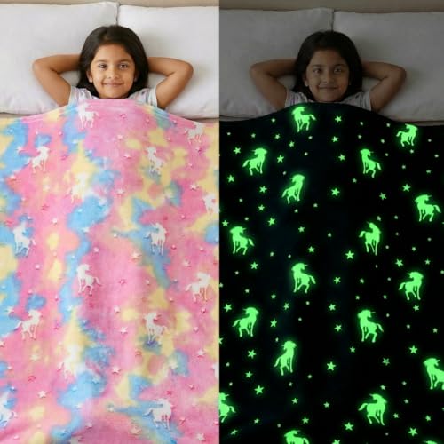 Image of Famyo Queen Size Glow in The Dark Blanket for Kids - Unicorn | 200x152 cm, 0-15 Years | Soft Flannel Fleece Throw | Cozy & Warm All-Season Glow Blanket | Ideal Gift for Boys & Girls (Pink)