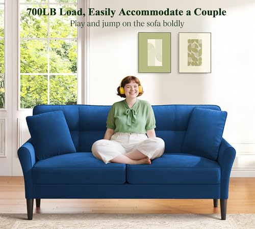 Image of Loveseat Sofa, 69 inch Love Seat Couches, Comfy Velvet Small Couches for Small Spaces with 2 Pillows, Tool-Free Setup Sofas & Couches, 700lb Load Sofas for Living Room, Mini Couch for Bedroom, Blue Couch