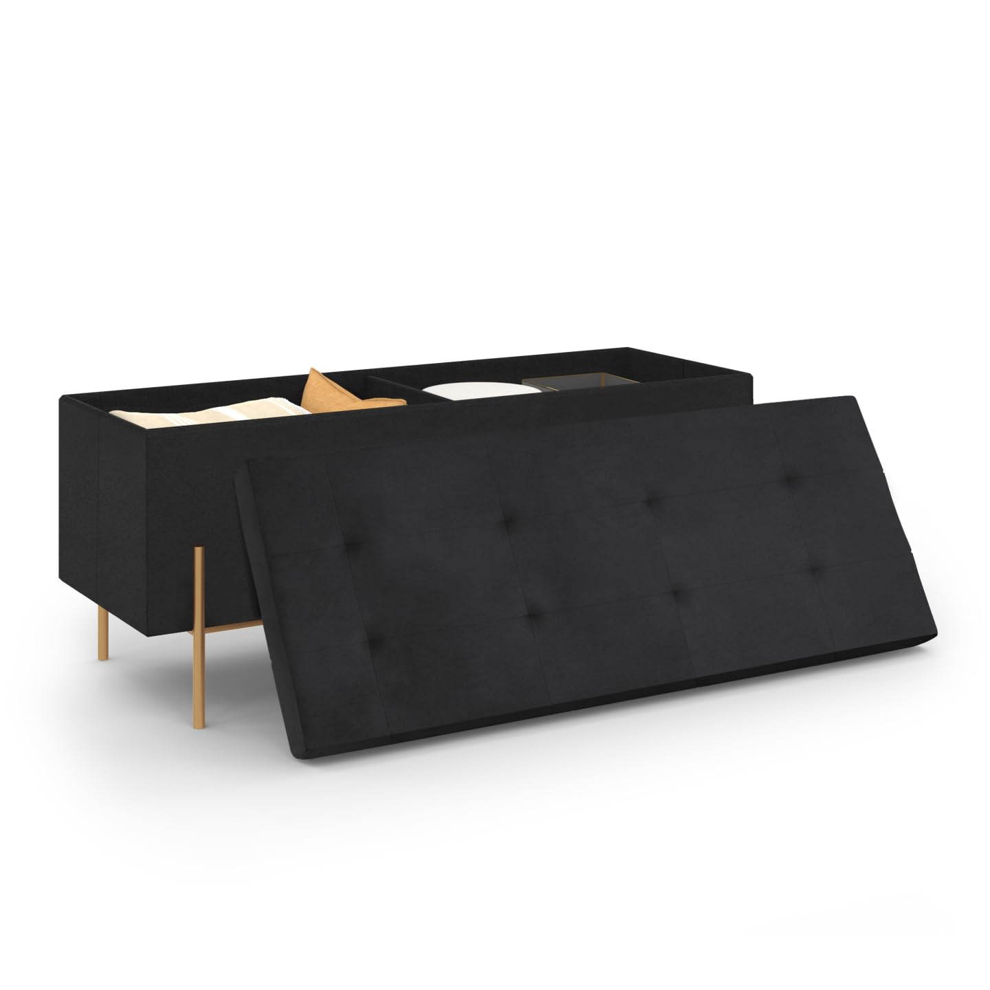 IDMarket - Banc Coffre Rangement Louis avec Pieds métal doré 100 cm Velours Noir