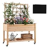 Giantex 65'' Wooden Raised Garden Bed w/Trellis on Wheels, Mobile Elevated Planter Box w/Legs, Liner & Drainage Holes for Climbing Plant Vegetable Herb Flower, Outdoor Garden Box, Backyard Balcony