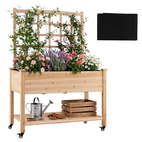 Giantex 65'' Wooden Raised Garden Bed w/Trellis on Wheels