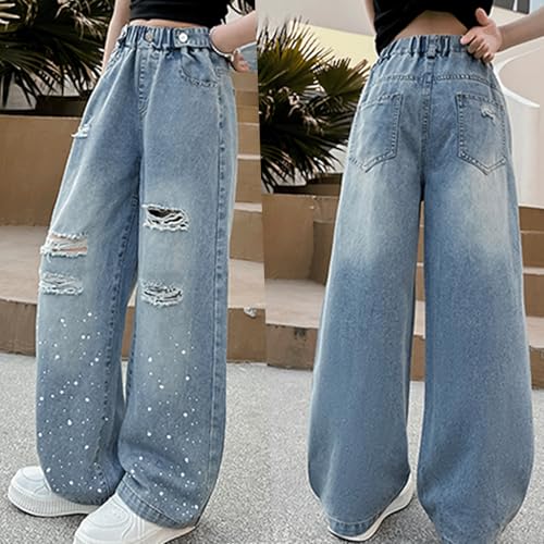 Baggy Jeans for Girls Rhinestone Ripped Wide Leg Pants Adjustable Waist Pockets Cute Jeans for Girls Teen Denim Pants2