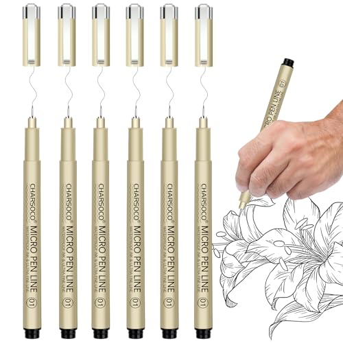 CHARSOCO 01 Micro Pen 6 Pack Black Fine Point Pen with Waterproof Archival Ink 0.25mm Fineliner Ink Pens for Artist Illustration Sketching Anime Manga Technical Drawing and Scrapbooking