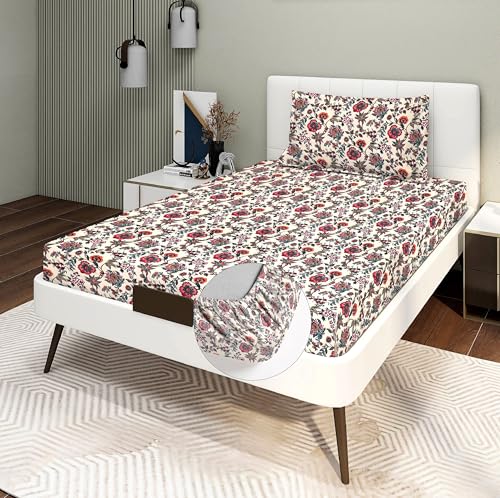 Image of RD TREND Presents Luxurious Glace Cotton Super Soft 210 TC 360 Elastic Fitted Bedsheets Single Bed Size (72 x 48 x 8 Inch) with 1 Pillow Cover Size (28 x18), Color- Beige, Floral
