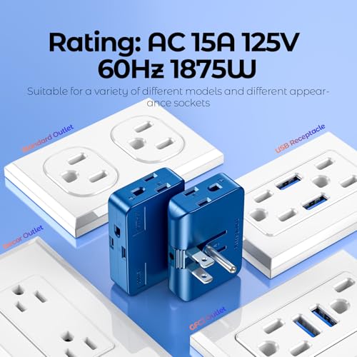 2-Pack Blue Outlet Splitter with 3 Prong Plug Extender - 3 Plug Wall Adapter, Converts 2 to 3 & 3 to 2 Prong, Ideal for Multiple Outlet Wall Plug Needs suitable for air travel/fits in carry-on luggage4