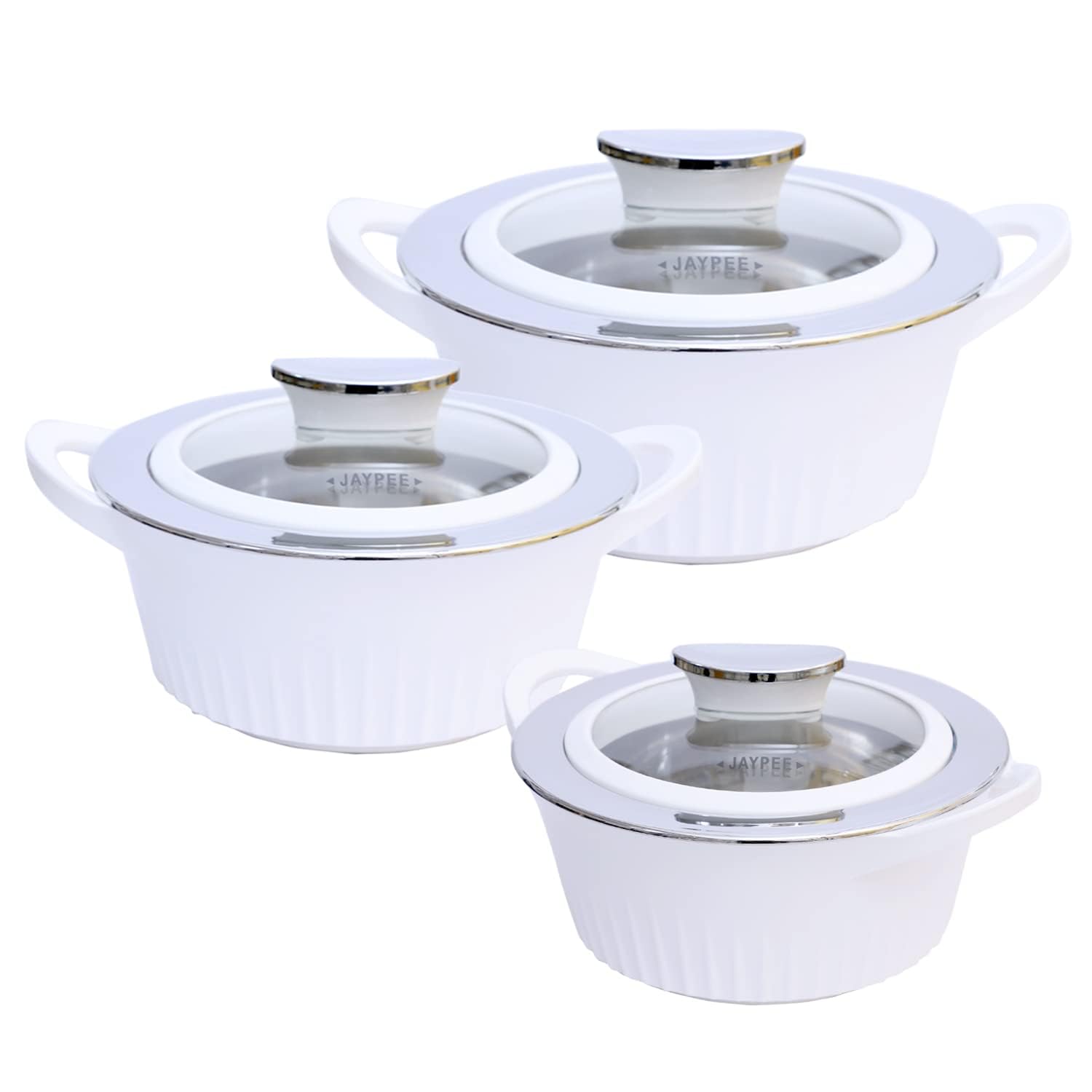 Cocottes blanches contre le gaspillage : lot de 3 plats doseurs 1, 1.5 et 2L