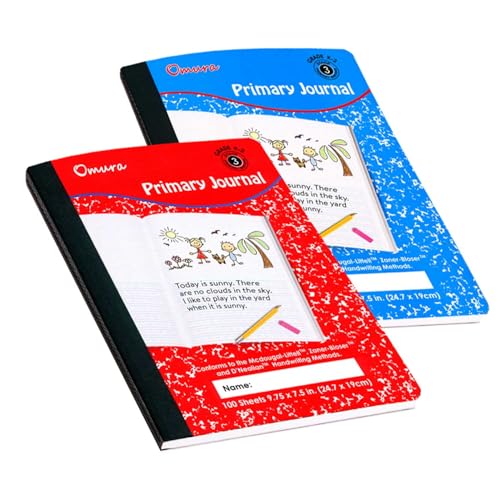 OMURA Caderno de diário primário, notas K-2, caderno de composição pautada de meia página, 100 folha