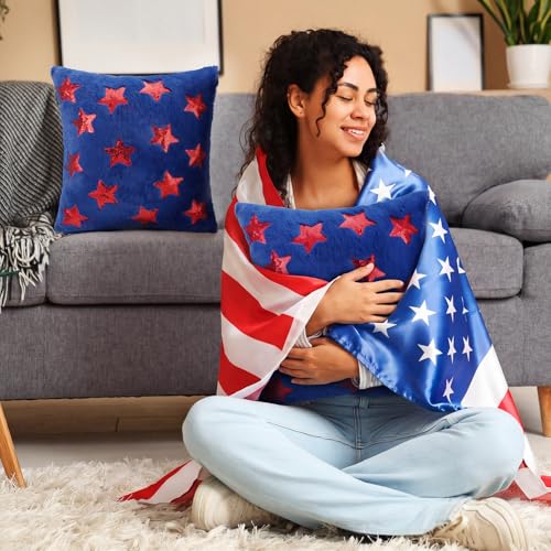 2 Pcs 4th of July Pillow Covers 18x18 Inch Red Sequin Star Embroidered Pillow Cover Independence Day Soft Plush Faux Fur Jacquard Pillowcase for Home Living Room Sofa Couch - Image 7