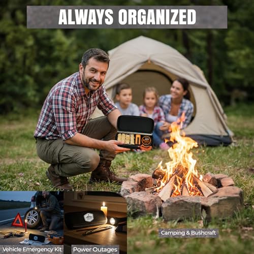 Tactiko 6-in-1 All-Weather Survival Fire Starter Kit - Complete Emergency Set with Ferro Rod, Striker, Fire Wax, 4 Waxed Wood Starters, Waterproof Matches, Collapsible Blower & Zippered Case - Image 5