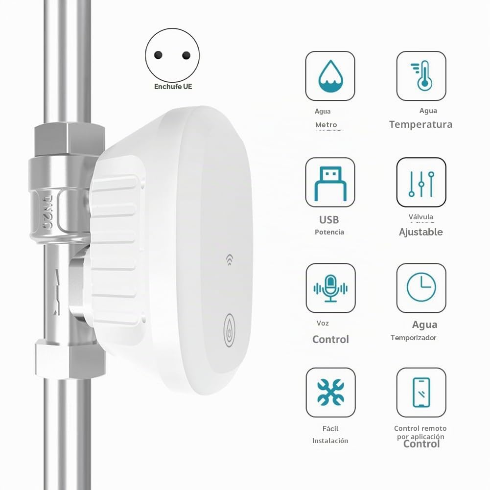 Tuya Smart WiFi - Válvula de agua con contador de agua, caudal de agua, indicador de temperatura del agua, controlador de aplicación inteligente, enchufe europeo