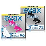 No se mueve Evax Liberty Compresas Noche con Alas, 72 Unidades + Compresas Evax Liberty Normal con Alas, 96 Unidades, Se Adaptan al Cuerpo y Nutralizan los Olores