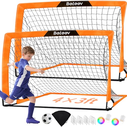 BELEEV 2 Set Fussballtore für Garten Kinder 4x3 ft, Hochwertigen Portable Faltbar Fußballtor Kinder Set mit LED Lichtern, Glasfaserstangen, Transporttasche, für Indoor Outdoor Sport Training Geschenke