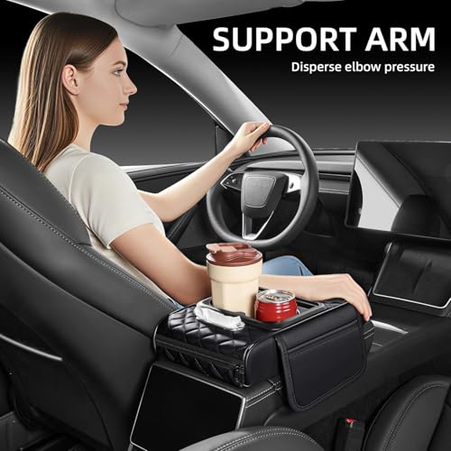 Image of Car Armrest Cushion, 5in1 Center Console Cover with 2 Cup Holders, Phone Holder, Tissue Holder, Storage Bag, Multifunctional Leather Heightened Car Armrest Cushion for Most Cars (size :13*8*3 inch)